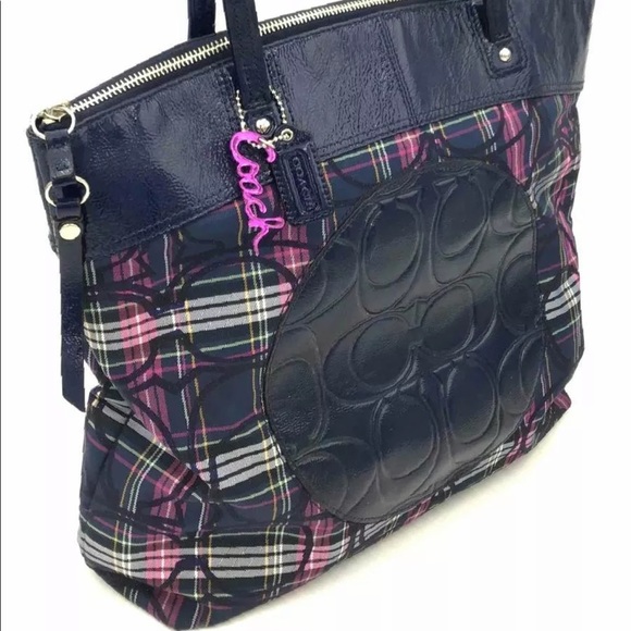 Coach Laura Signature Blue Plaid Multicolor Tartan Canvas Leather Tote Bag - Picture 3 of 12
